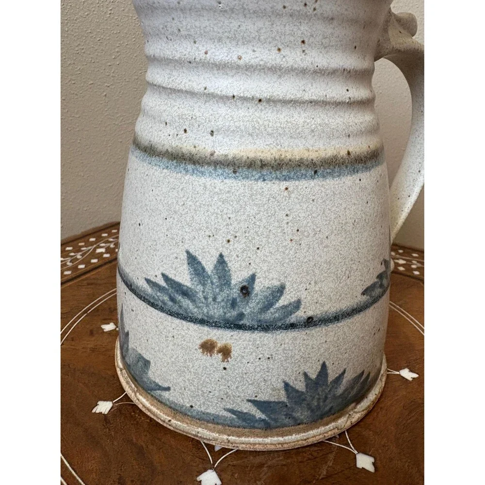 Vintage Speckled Stoneware Pottery Pitcher Vase Blue Florals Leafs Artist Signed
